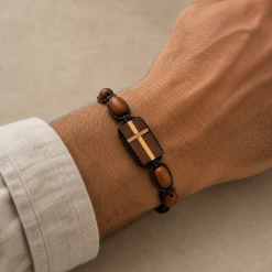 Handmade Wooden Cross Bracelet for Men – Adjustable Christian Faith Bracelet with Wooden Beads